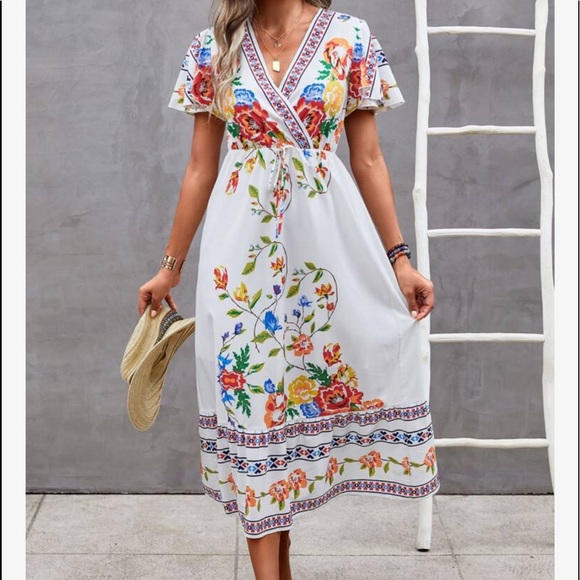Boho Floral Paisley Print Butterfly Sleeve Dress - Picture 6 of 7